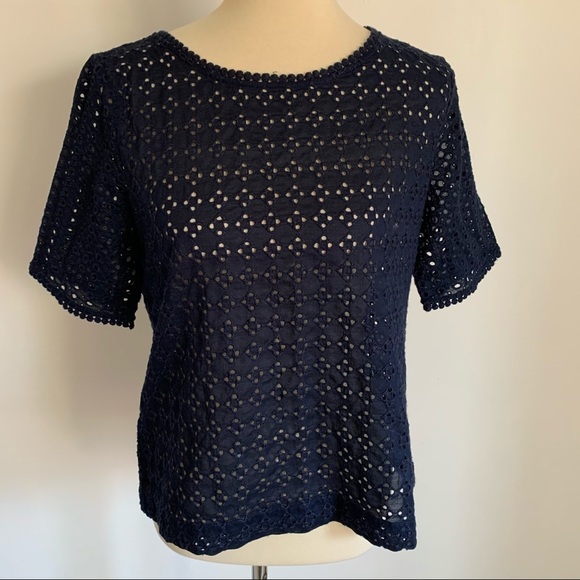 LOFT Geo Mix Eyelet Short Sleeve Navy Top - Picture 9 of 15